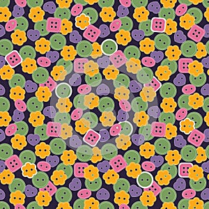 Seamless pattern. Sewing button or shirt fastener buttons. Vector background on dark for textile, wallpaper, wrapping