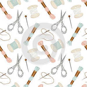 Seamless pattern of sewing elements needles, threads, pins and scissors