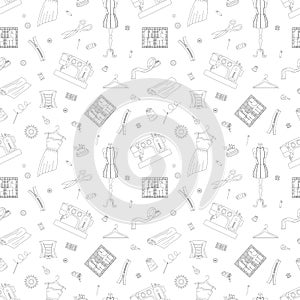 Seamless pattern with sewing elements. Sewing machines, dresses, buttons, scissors, needles, etc. Flat outline vector illustration