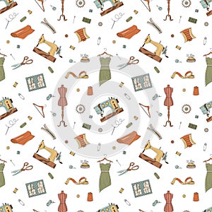 Seamless pattern with sewing elements. Sewing machines, dresses, buttons, scissors, needles, etc. Flat vector illustration