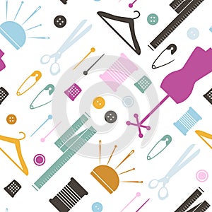 Seamless pattern with sewing items. Vector Illustration