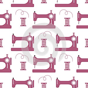 Seamless pattern, sewing machines and spools of threads on a white background. Print, vector