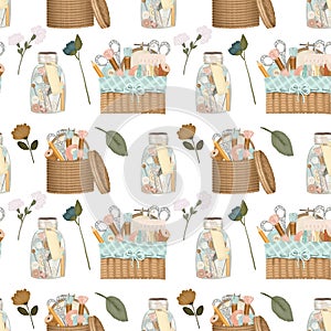 Seamless pattern of sewing and needlework elements accessories for sewing and needlework, embroidery