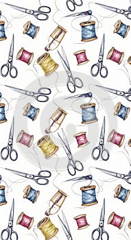 Seamless Pattern of Sewing Notions - Scissors and Thread Spools