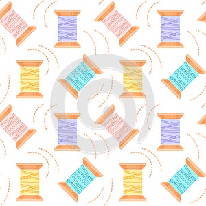 Seamless pattern, sewing spools of thread and stitches on a white background. Print, textile