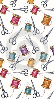 Seamless Pattern of Sewing Supplies - Scissors and Thread Spools