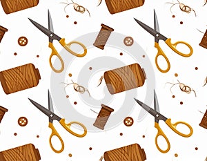 Seamless pattern with sewing tools scissors thread and buttons on white background