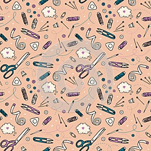 Seamless pattern with sewing tools. Vector  illustration