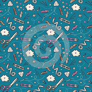 Seamless pattern with sewing tools. Vector  illustration