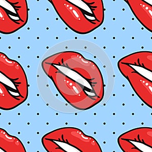 Seamless Pattern with Sexy Female Lips with Gloss Red Lipstick. Pop Art Style Vector Fashion Illustration Woman Mouth. Gestures