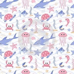 Seamless pattern with shark, turtle, fish, crab and shrimp. Cute cartoon ocean characters. Underwater marine animals