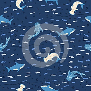 Seamless pattern sharks on blue background. Cute print with Hammerhead, Whale, White shark and fishes