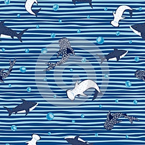 Seamless pattern sharks on white blue striped background. Cute print with Hammerhead, Whale, White shark and bubbles