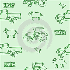 Seamless pattern with a sheep and a chicken and a hay bale and a tractor and a pickup in green.