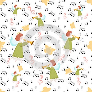 Seamless pattern with sheet music, butterflies, treble clef and angels with trumpet on a white background