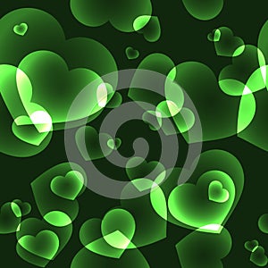 Seamless pattern with shining green bokeh neon hearts