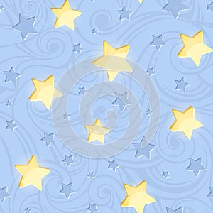 Seamless pattern with shining stars on blue. Vector illustration.