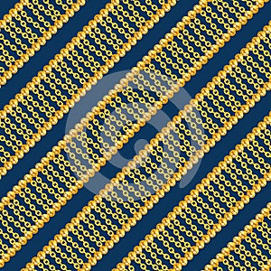 Seamless pattern with shiny gold and silver chains isolated on blue background for fabric.