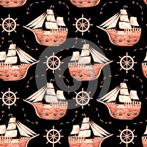 Seamless pattern ship and steering wheel. Watercolor illustration.Isolated on a black background