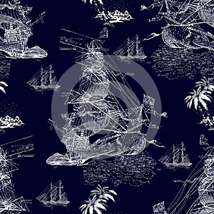 Seamless pattern with ships.allover design with navy background - Illustration