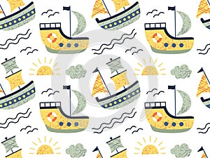 Seamless pattern of ships, sailboat. Doodle style childish ship. Marine transport clipart. Collection of cute ships.