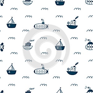 Seamless pattern with ships, submarines, sailboat, yacht. Sea transport. Cute cartoon marine pattern for textile, fabric. Childish