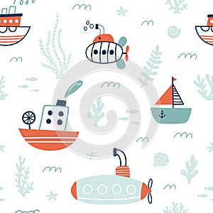 Seamless pattern with ships, submarines, sailboat, yacht. Sea transport. Cute cartoon marine pattern for textile, fabric. Childish