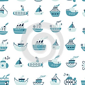 Seamless pattern with ships, submarines, sailboat, yacht. Sea transport. Cute cartoon marine pattern for textile, fabric. Childish