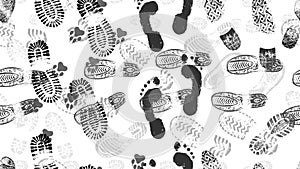 Seamless pattern of shoe prints and bare feet of man and footprints of animals dogs . Vector illustration