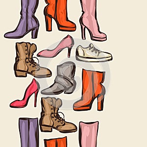 Seamless pattern with shoes. Hand drawn illustration female footwear, boots and stiletto heels