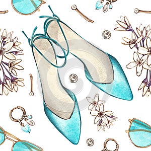 Seamless pattern shoes, sunglasses, jewelry, flowers isolated on white. Watercolor handrawn illustration. Art for design