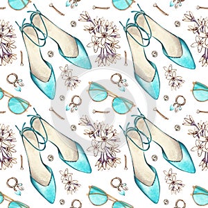Seamless pattern shoes, sunglasses, jewelry, flowers isolated on white. Watercolor handrawn illustration. Art for design