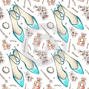 Seamless pattern shoes, sunglasses, jewelry, perfume bottle, flowers isolated on white. Watercolor handrawn illustration