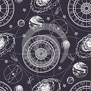 Seamless pattern. Signs of the zodiac, ecliptic, stars, galaxies and planets. photo