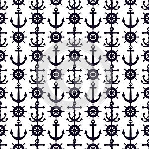 Seamless pattern of silhouette anchors and steering-wheel rudders. Vector black doodle sketch illustration on white