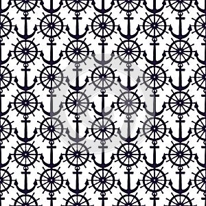 Seamless pattern of silhouette anchors and steering-wheel rudders. Vector black doodle sketch illustration on white