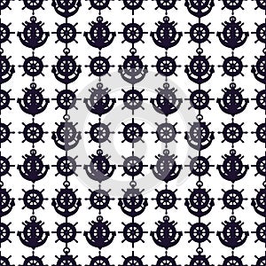 Seamless pattern of silhouette anchors and steering-wheel rudders. Vector black doodle sketch illustration on white