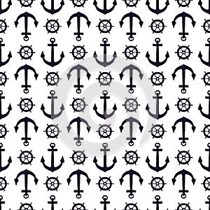 Seamless pattern of silhouette anchors and steering-wheel rudders. Vector black doodle sketch illustration on white