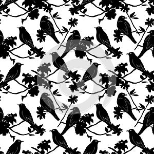 Seamless pattern with silhouette of birds sitting on twigs. Vector background with branches of tree.