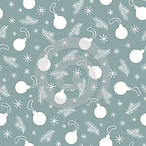 Seamless pattern with the silhouette of Christmas toys, snowflakes and fir branches on a white background. Christmas