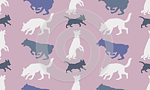Seamless pattern. Silhouette dogs different breeds in various poses. Isolated on pink background. Endless texture