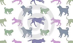 Seamless pattern. Silhouette dogs different breeds in various poses. Isolated on a white background. Endless texture