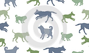 Seamless pattern. Silhouette dogs different breeds in various poses. Isolated on a white background. Endless texture