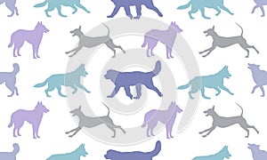 Seamless pattern. Silhouette dogs different breeds in various poses. Isolated on a white background. Endless texture