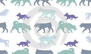 Seamless pattern. Silhouette dogs different breeds in various poses. Isolated on a white background. Endless texture