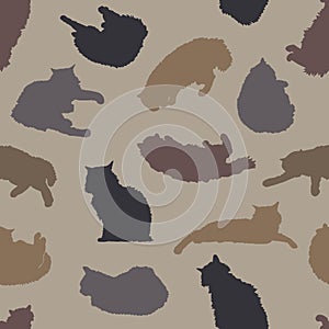 Seamless pattern with the silhouette of a fluffy Manx cat.