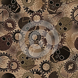 Seamless pattern with silhouette of gears, skulls