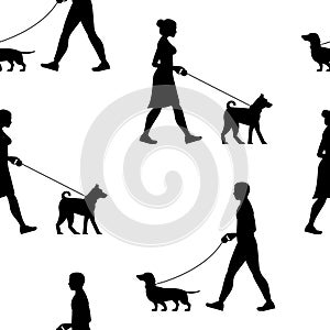 Seamless pattern with Silhouette Man and Woman walking the dogs