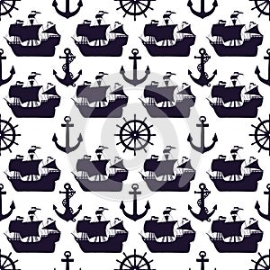 Seamless pattern of silhouette ships, anchors and steering-wheel rudders. Vector black doodle sketch illustration on