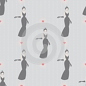 Seamless pattern with silhouette of an woman in a long black dress and heart